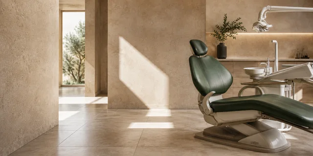 A dental treatment room with a green chair.